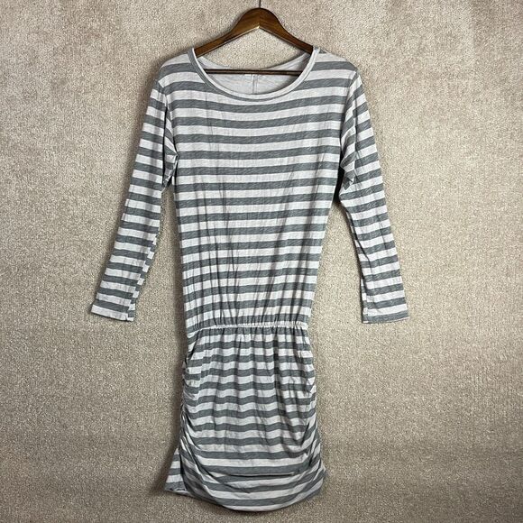 Sundry Sheath Dress Womens Size 3 L Gray Striped Long Sleeve Stretch Side Ruched - Picture 2 of 10